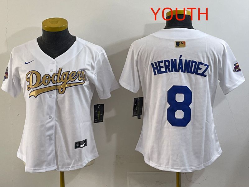 Youth Los Angeles Dodgers #8 Hernandez White Champion edition Nike MLB Jersey style 001